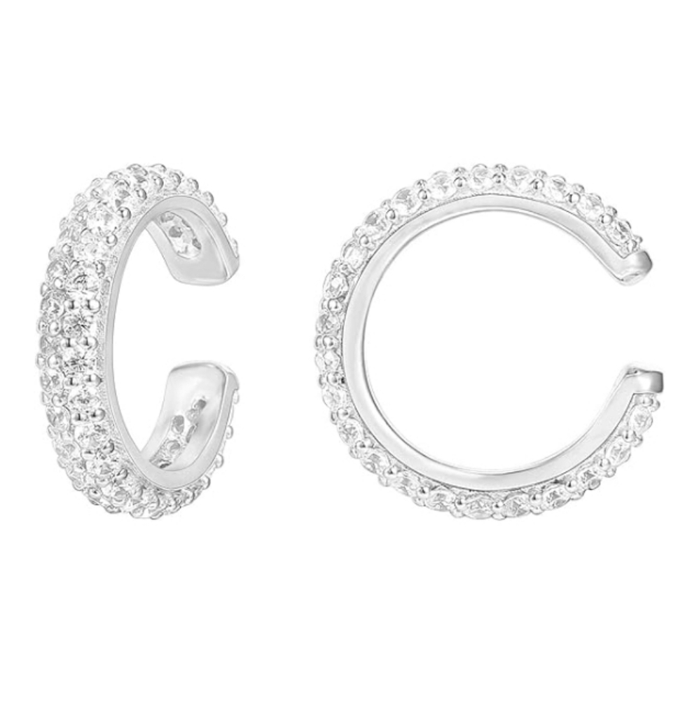 14K Gold Plated CZ Sparkling Round Huggie Ear Cuff Clip On Earrings White Gold
